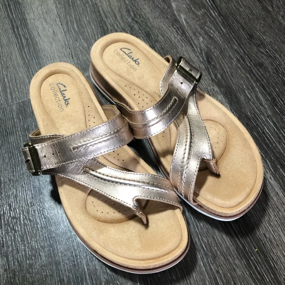 Clarks Collection Brynn Madi Rose Gold Metallic Leather Sandals Size 9
